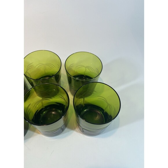 Palm Tree Etched Green Rocks Glasses MCM Vintage Weighed Bottoms Set Of 4 - Picture 7 of 9